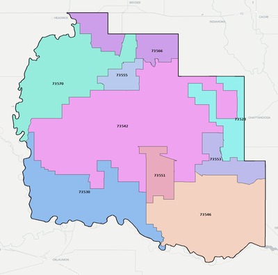 Tillman County OK ZIP code boundaries map