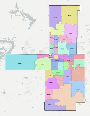 Tulsa County OK ZIP code boundaries map