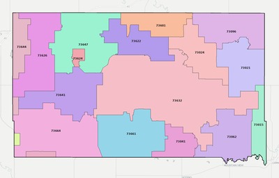 Washita County OK ZIP code boundaries map