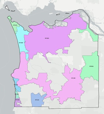 Clatsop County OR ZIP code boundaries map