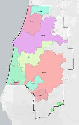 Coos County OR ZIP code boundaries map