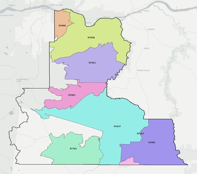 Wasco County OR ZIP code boundaries map