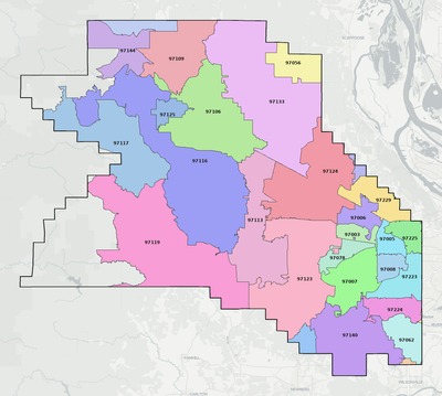 Washington County OR ZIP code boundaries map