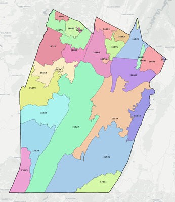 Bedford County PA ZIP code boundaries map