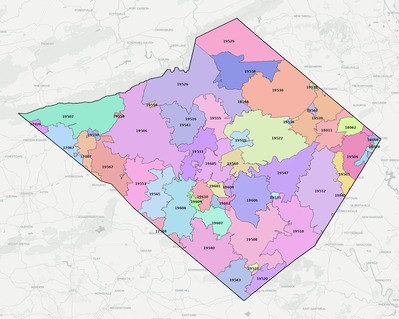 Berks County PA ZIP code boundaries map