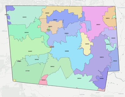 Bradford County PA ZIP code boundaries map
