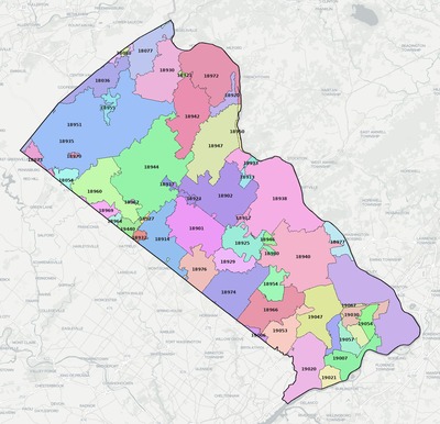 Bucks County PA ZIP code boundaries map