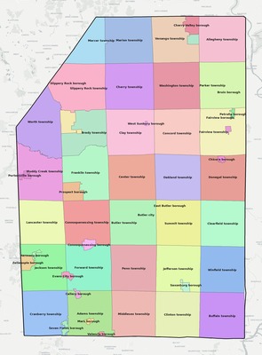 Butler County PA townships and subdivisions map
