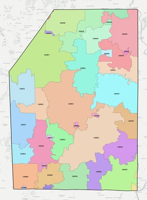 Butler County PA ZIP code boundaries map