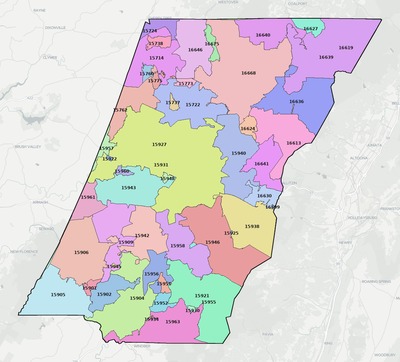 Cambria County PA ZIP code boundaries map