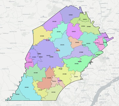 Chester County PA ZIP code boundaries map