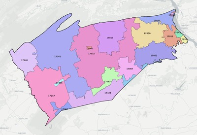 Cumberland County PA ZIP code boundaries map