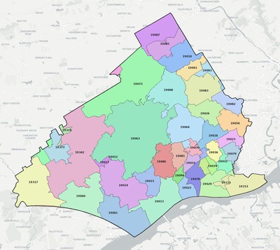 Delaware County PA ZIP code boundaries map