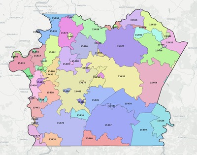 Fayette County PA ZIP code boundaries map