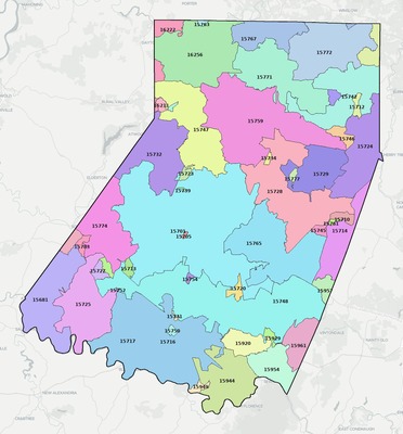 Indiana County PA ZIP code boundaries map