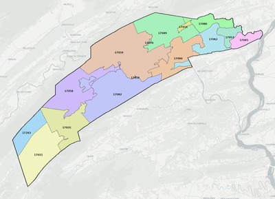 Juniata County PA ZIP code boundaries map