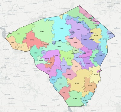 Lancaster County PA ZIP code boundaries map