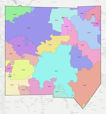 Mercer County PA ZIP code boundaries map