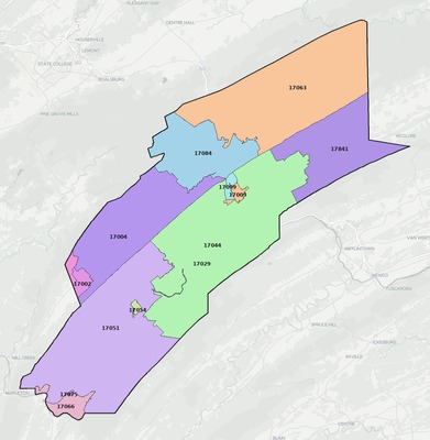 Mifflin County PA ZIP code boundaries map