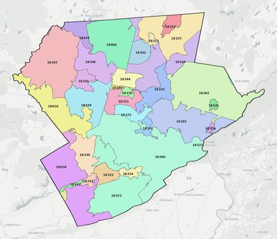 Monroe County PA ZIP code boundaries map