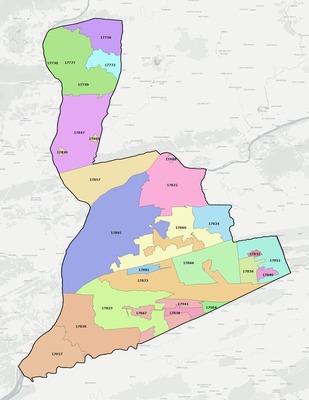 Northumberland County PA ZIP code boundaries map