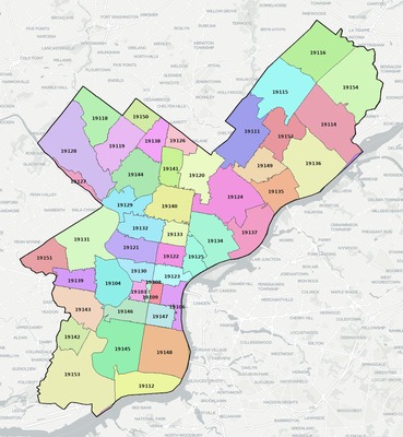 Philadelphia County PA ZIP code boundaries map