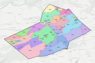 Schuylkill County PA ZIP code boundaries map