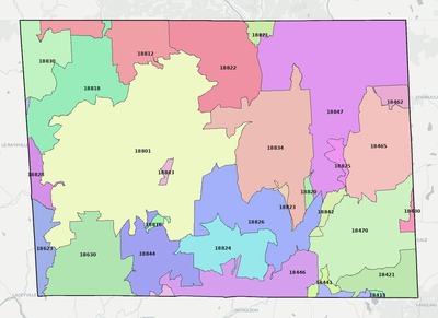 Susquehanna County PA ZIP code boundaries map