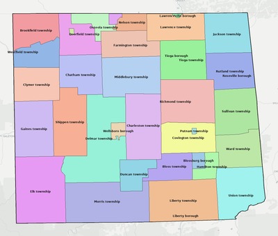 Tioga County PA townships and subdivisions map