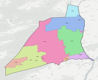 Union County PA ZIP code boundaries map