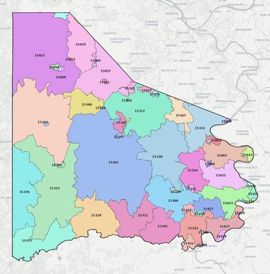 Washington County PA ZIP code boundaries map