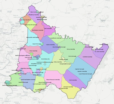 Westmoreland County PA townships and subdivisions map