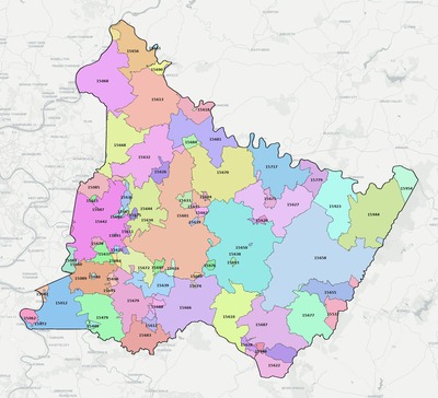 Westmoreland County PA ZIP code map preview