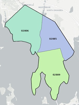 Bristol County RI ZIP code boundaries map