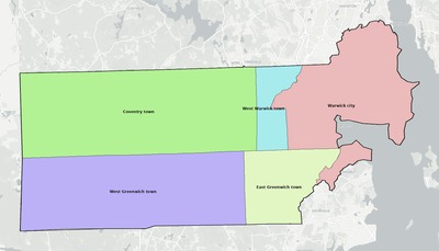 Kent County RI townships and subdivisions map