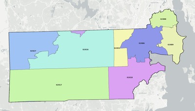 Kent County RI ZIP code map preview