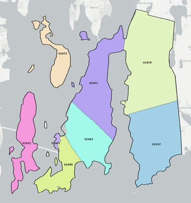 Newport County RI ZIP code boundaries map