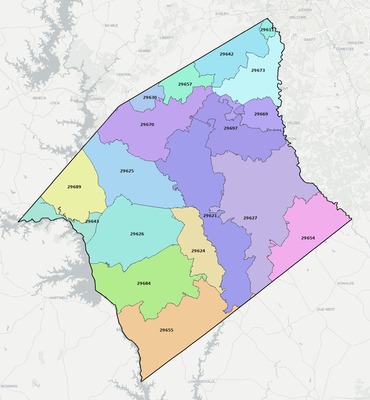 Anderson County SC ZIP code boundaries map