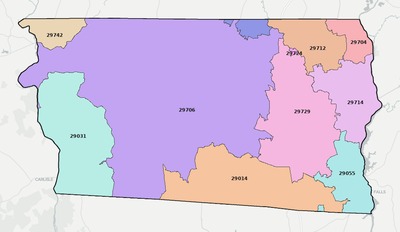Chester County SC ZIP code boundaries map