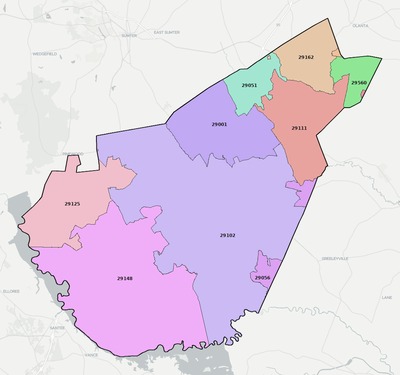 Clarendon County SC ZIP code boundaries map