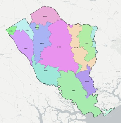Colleton County SC ZIP code boundaries map