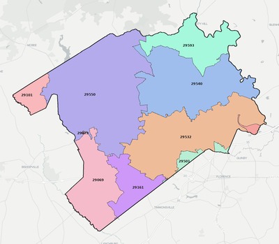 Darlington County SC ZIP code boundaries map
