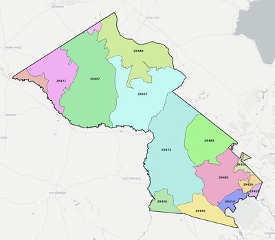Dorchester County SC ZIP code boundaries map