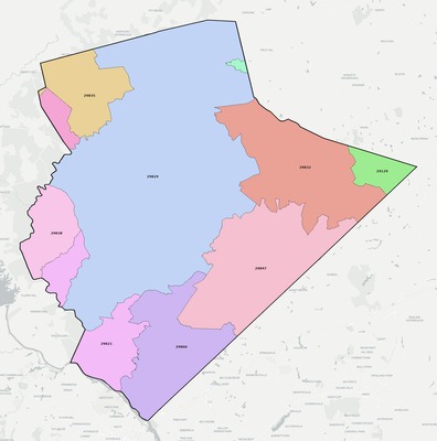 Edgefield County SC ZIP code boundaries map