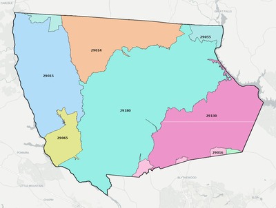 Fairfield County SC ZIP code boundaries map
