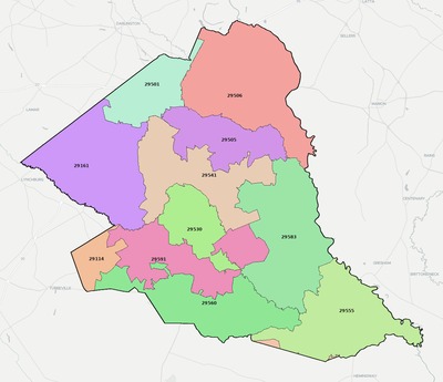 Florence County SC ZIP code boundaries map