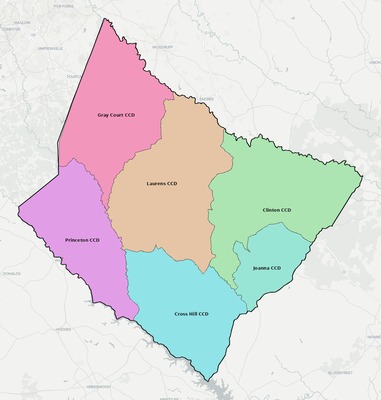 Laurens County SC townships and subdivisions map