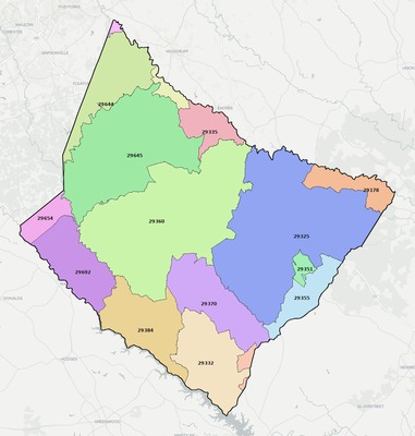 Laurens County SC ZIP code boundaries map