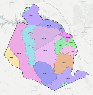 Lexington County SC ZIP code boundaries map