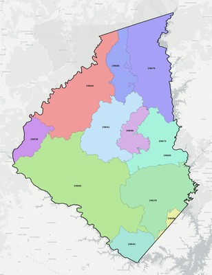 Oconee County SC ZIP code boundaries map